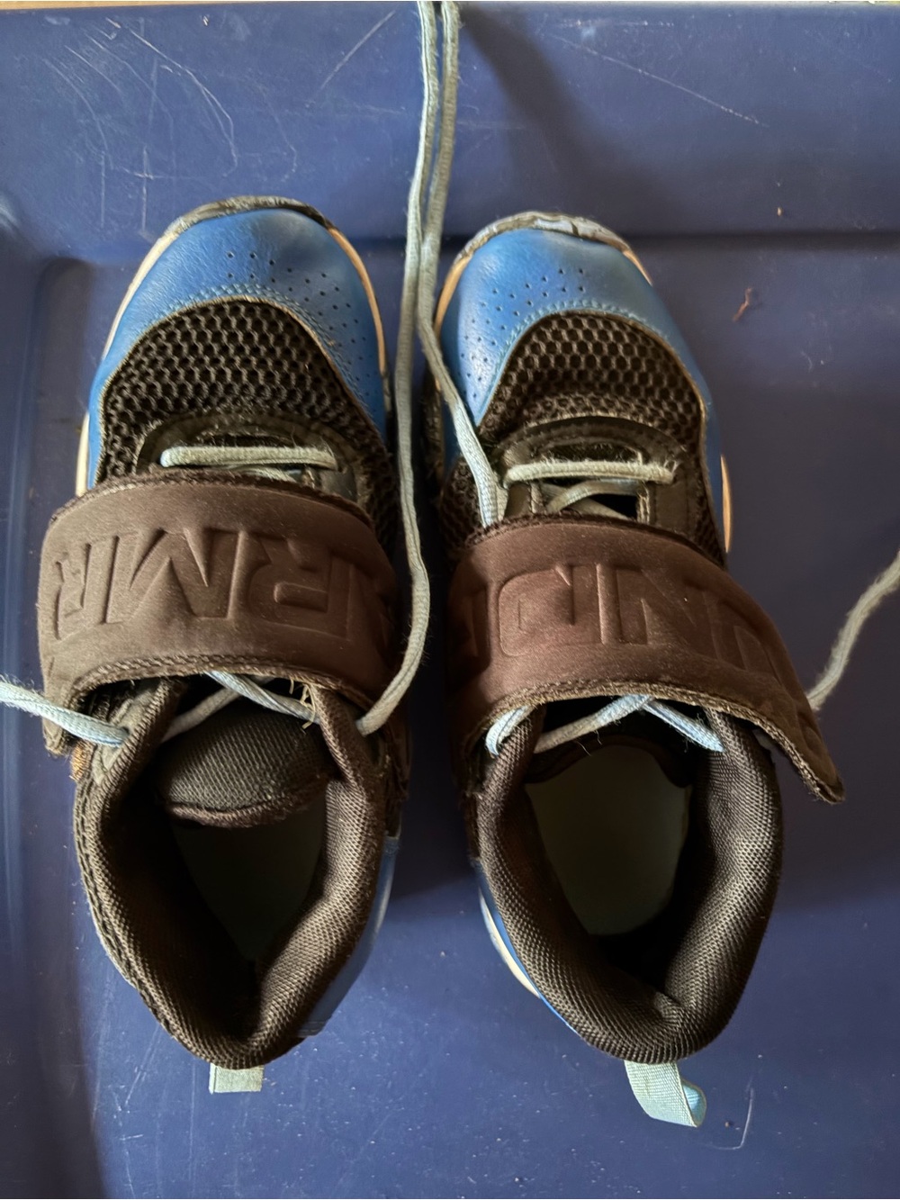Two pair- Under Armour Boys Blue and Black Velcro Strap Sneakers.